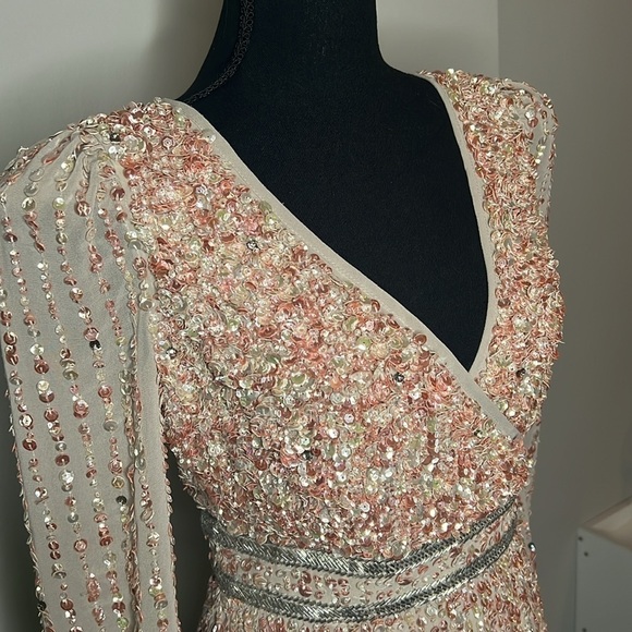 Mac Duggal 93593 Sequined V Neck Bishop Long Sleeve Dress Nude NWT! - Picture 8 of 14